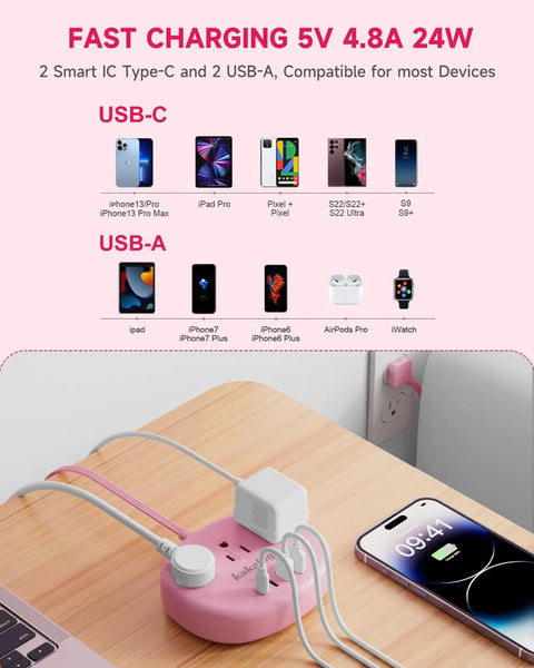 Pink Extension Cord 10 Foot Flat Power Strip With Two USB C Ports 24W Total Output Smart Charging Technology 5V 2.4A Per Port Ideal For Apple Devices Dorm Office Or Home Use on desk with phone, tablet, and cables