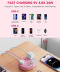 Total Game Winning Pink Extension Cord With Usb C Power Strip Five Foot Smart Charging Hub and Multiport Surge Protector in use with devices on a desk