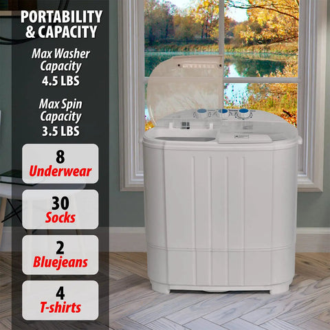 Portable Twin Tub Washing Machine With 13 Lb Capacity, Space Saver For Dorms, Apartments, And RVs, positioned by a window.
