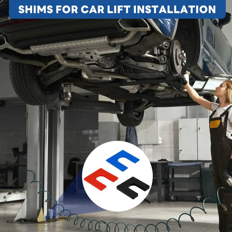 Mechanic using 60-Piece Auto Lift Leveling Shim Kit For 2-Post And 4-Post Lifts, shims and car visible