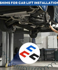 DIY Ready 36 Piece Auto Lift Leveling Shim Kit For 2 Post And 4 Post Lifts under car in garage with shim inset detail