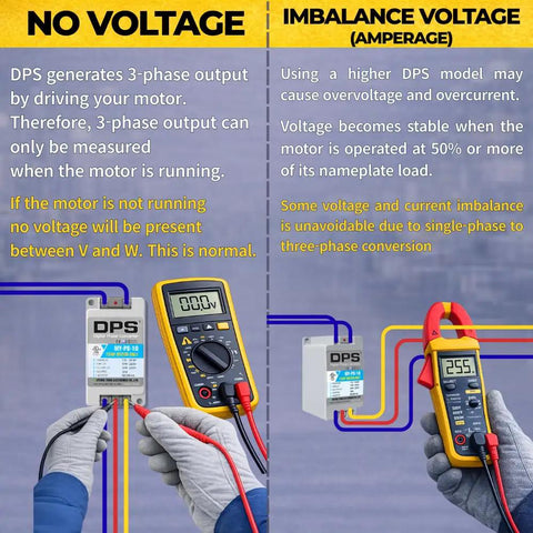 Diagram explaining voltage checks for single to three phase converter with multimeters connected for 1 HP motors, highlighting DPS use.