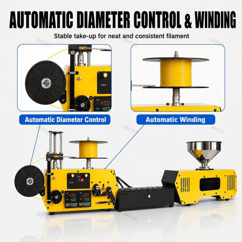 High Speed Coil Winding Machine And Naturally Slick Desktop 3D Printer Filament Extruder For PA CF Thermoplastic Pellets showing automatic control features.