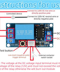 Two Pack 12V Latching Relay Modules For Home Automation And DIY Projects, 10A AC/10A DC Load, 250V Rating, 300mm Lead Wires, Compact 50x25.5x19mm Size, Ideal For Lamps, Appliances, Electronics And Small Motors. Relay module wiring diagram with terminals, test button, and DC input