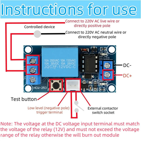 Two Pack 12V Latching Relay Modules For Home Automation And DIY Projects, 10A AC/10A DC Load, 250V Rating, 300mm Lead Wires, Compact 50x25.5x19mm Size, Ideal For Lamps, Appliances, Electronics And Small Motors. Relay module wiring diagram with terminals, test button, and DC input