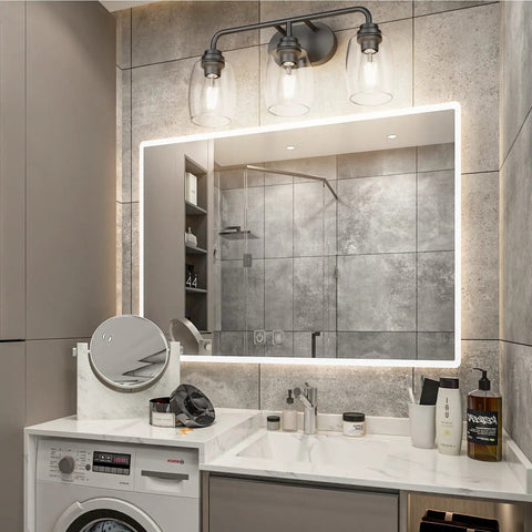 Three Light Black Vanity Light Fixtures Over Mirror With Clear Glass Shades, Industrial Modern Bathroom Lighting above sink