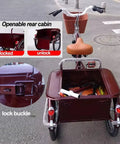 Adult Three Wheel Tricycle With Pedals Cargo Trike With Back Cabin open showing lock and orange saddle