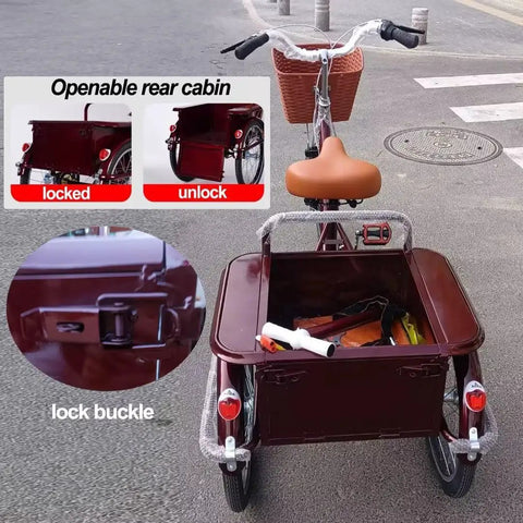 Adult Three Wheel Tricycle With Pedals Cargo Trike With Back Cabin open showing lock and orange saddle