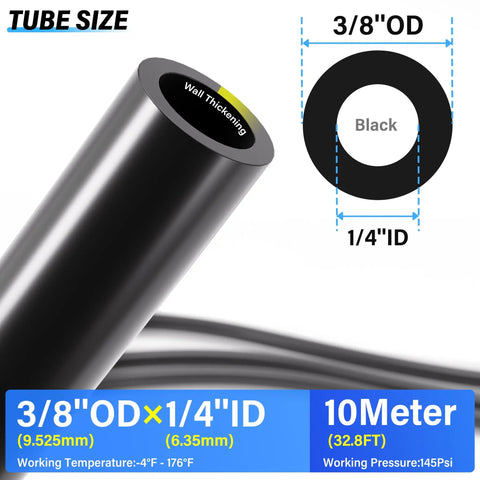Diagram showing 3/8 Inch OD PU tubing dimensions for Premium 3/8 Inch OD PU Polyurethane Air Tubing Kit 10 Meter 32.8ft With Push To Connect Fittings