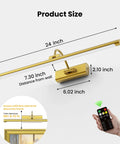 Next Level Wireless Picture Light For Wall With 8000Mah Battery And Remote For Large Portraits Sleek Brass Build Heavy Duty Setup Quick Install dimension diagram showing 24 inch size, brass finish, and remote control.