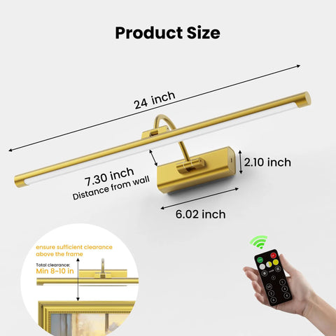 Next Level Wireless Picture Light For Wall With 8000Mah Battery And Remote For Large Portraits Sleek Brass Build Heavy Duty Setup Quick Install dimension diagram showing 24 inch size, brass finish, and remote control.