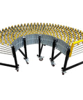 Heavy Duty Portable Conveyor Roller Stand With Adjustable Length And Height Fits Tight Spaces For Moving Big Cartons Super Smooth ABS Skate Wheels in a curved position.