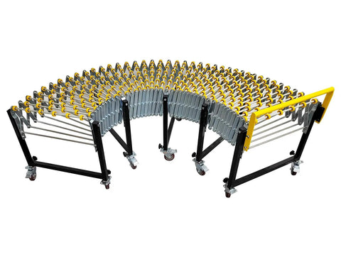Heavy Duty Portable Conveyor Roller Stand With Adjustable Length And Height Fits Tight Spaces For Moving Big Cartons Super Smooth ABS Skate Wheels in a curved position.