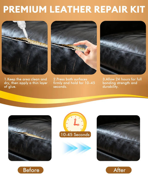Premium leather repair kit instructions using Heavy Duty Leather Glue For Shoes, Bags, Sofas, Belts And More, before and after comparison