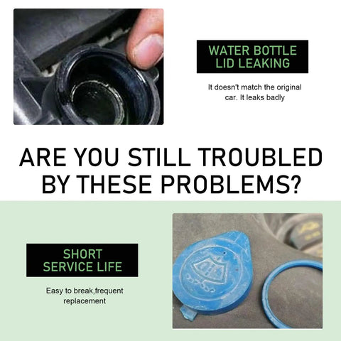 Close-up of leaking old water bottle lid and cracked windshield washer fluid cap next to text asking about common car issues.