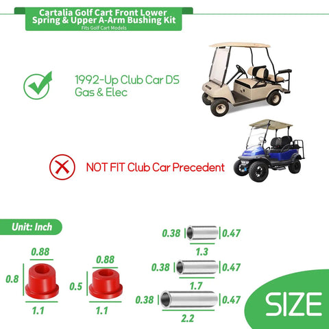 Built Tough Golf Cart Front Lower Leaf Spring And Upper A Arm Bushing Sleeves Kit Fits Club Car Ds 1992 Up Gas Electric size chart with dimension details.