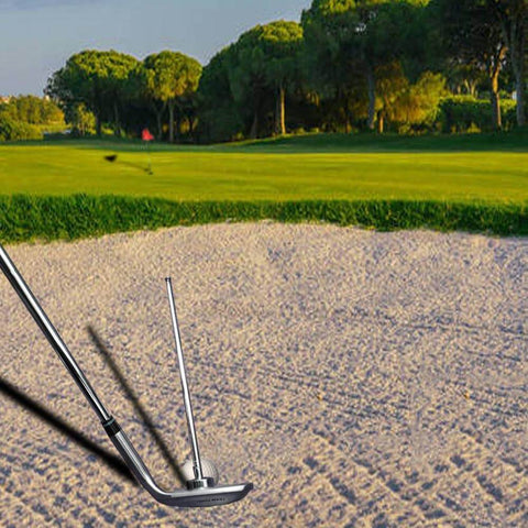 7 Length Adjustable Golf Alignment Rods Magnetic Alignment Stick for irons and wedges on a sandy golf course setting.