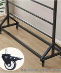 Adjustable Heavy Duty Steel Scarf Rack For Closets Featuring Triple Rod Design Hangs Heavy Blankets Andquilts Black Powder Coated Metal Organizer with durable wheels.