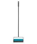 Super Lightweight Cordless Floor Sweeper With Dual Bottom Dump Bins For Snap Up Messes And Dust Clumps On Hardwood Tile And Area Rugs Compact Push Broom Cleaner In Teal standing upright.