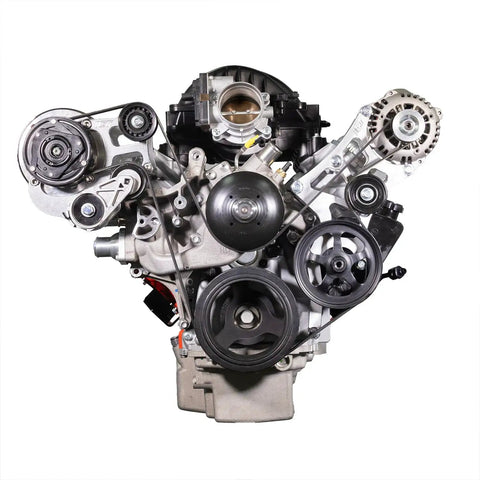 Built Damn Tough Driver Side Alternator And Power Steering Pump Kit For LT Gen 5 Chevy Silverado engine front view with pulleys.