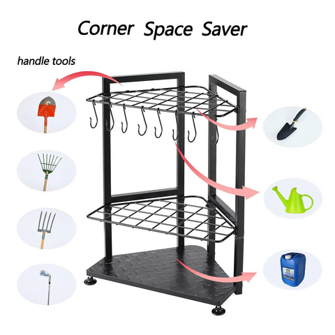 Heavy Duty Garden Tool Organizer Rack For Garage Corner Storage Free Standing No Mount With 31 Tool Grids And 8 Removable Hooks