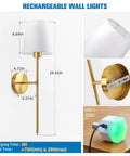 Gold Wireless Wall Sconces Set Of Two With Rechargeable Led Lights Remote Dimmable Switch Ten Adjustable Color Modes Zero Wiring No Fuss Setup Straight Up Game Changer For Cozy Living Room Vibes shown with dimensions and charging details.