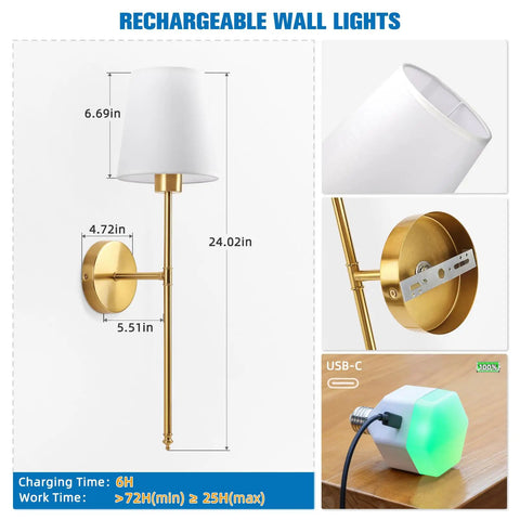 Gold Wireless Wall Sconces Set Of Two With Rechargeable Led Lights Remote Dimmable Switch Ten Adjustable Color Modes Zero Wiring No Fuss Setup Straight Up Game Changer For Cozy Living Room Vibes shown with dimensions and charging details.