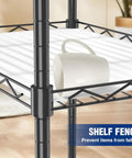 5 Tier Heavy Duty Wire Shelving Rack With Raised Edges And Oil Resistant Baked Finish showing shelf fence design to secure items.