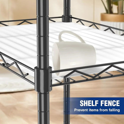 5 Tier Heavy Duty Wire Shelving Rack With Raised Edges And Oil Resistant Baked Finish showing shelf fence design to secure items.