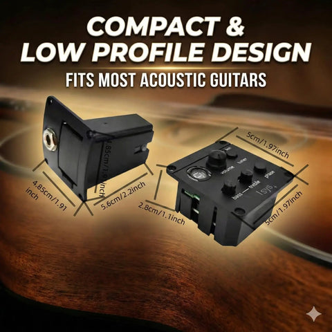 Compact 2 Band Acoustic Guitar Preamp With Piezo Pickup And Built In LCD Tuner showing dimensions and low profile design
