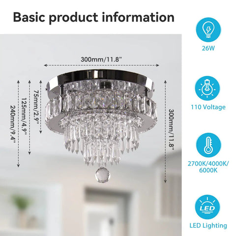 Dimmable Crystal LED Flush Mount Ceiling Light With Remote Control, Slick Modern 11.8 Inch Chandelier, shown in room setting