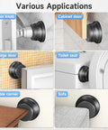 Various applications of Heavy Duty Black Door Stopper for Wall with Silicone Tip, mounted on door knob and cabinet.