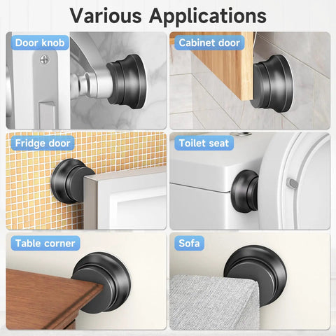 Various applications of Heavy Duty Black Door Stopper for Wall with Silicone Tip, mounted on door knob and cabinet.