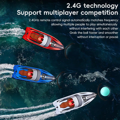 High Speed RC Boat For Pool And Lake With 2.4Ghz Remote 120 Minutes Playtime LED Lights shown racing in ocean setting