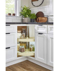 24 Inch Dual Tier Lazy Susan For Corner Kitchen Cabinets displaying jars on pie cut plastic pantry shelves in a stylish kitchen.