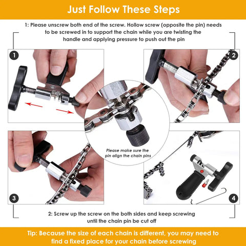 Steps to use Pro Grade Bike Chain Repair Tool Kit With Mini Master Link Pliers, Chain Breaker Splitter, Wear Indicator
