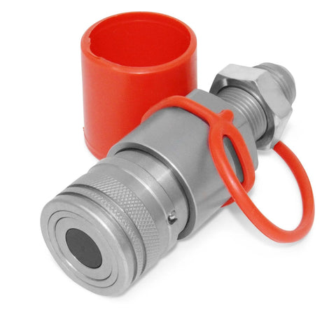 Summit Hydraulics flat-face hydraulic quick-connect coupler, #10 JIC bulkhead mount, silver with red cap