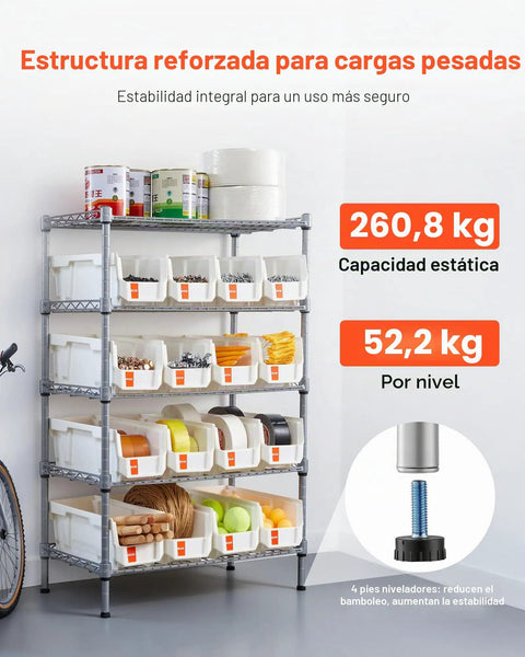 Smooth Rolling Five Tier Heavy Duty Steel Shelving Cart With Sixteen Polypropylene Storage Bins And Clear Label Slots showing labeled bins and steel frame.