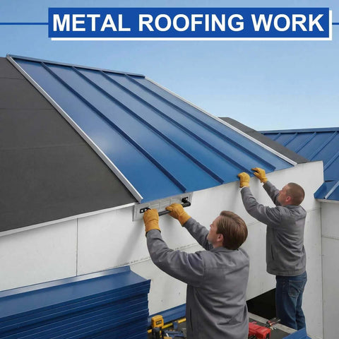 Two workers installing a metal roof using an 18 Inch Sheet Metal Folding Tool Steel Bender for standing seam and drip edge applications.