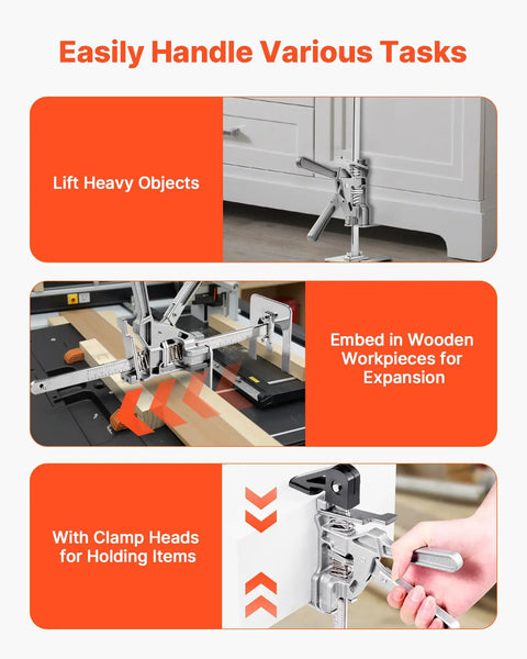 Dual Action Labor Saving Arm Jacks 2 Pack Adjustable Height Hand Lifter For Doors Windows And Massive Furniture With Built In Magnet Level And Quick Release No Sweat Operation Tough As Nails Silver Finish showing heavy lifting and clamping functionality.