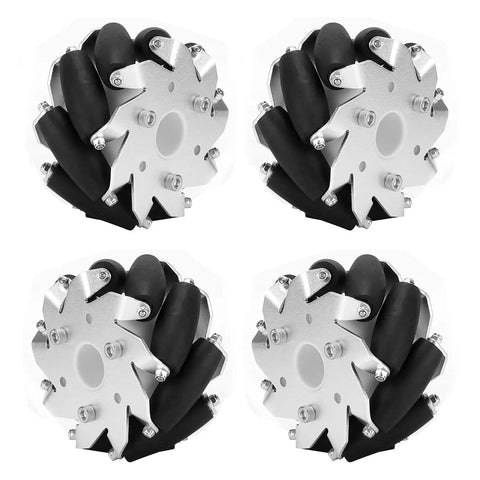 100mm Mecanum Wheel Set For Omni Directional Robot Cars, 4 steel wheels with 9 rubber rollers for RC robots, front view