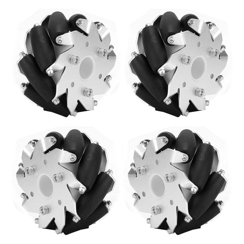 DAREBUDA 4-pack 100mm steel Mecanum wheels with rubber rollers for RC robot car; aluminum alloy hubs.