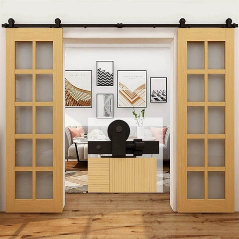 Heavy Duty Sliding Barn Door Hardware Kit For Double Doors, Bypass Rail System, Single Track, installed on wooden doors