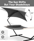 Standing Patio Hammock With Canopy And Foldable Stand, Portable And Easy Setup, Patent Pending, Dark Gray, Two Layer Quilted Polyester Comfort for Camping, adjustable canopy shown