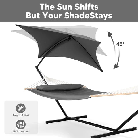 Standing Patio Hammock With Canopy And Foldable Stand, Portable And Easy Setup, Patent Pending, Dark Gray, Two Layer Quilted Polyester Comfort for Camping, adjustable canopy shown