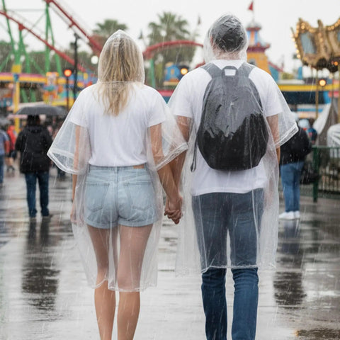 Couple wearing Disposable Rain Ponchos For Adults Waterproof Emergency Gear Clear One Size Fits All in amusement park