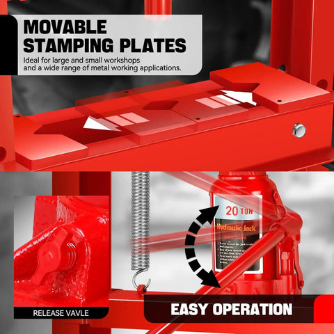 Movable stamping plates on Heavy Duty 20 Ton Hydraulic H Frame Shop Press With Adjustable Stamp Plate for easy operation.