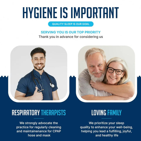 Healthcare professional and happy family promoting CPAP hygiene; "Hose And Mask Cleaning Kit With Extra Thick 6.9 Foot Tubing Brush Collapsible Wash Basin Drying Rack And Storage Bag Compatible With Standard And Slimline CPAP Tubing For Deep Clean And Easy Drying"