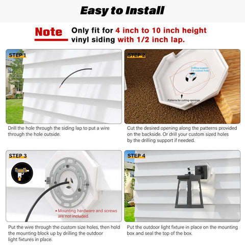 Vinyl Siding Mounting Blocks Kit With Octagon Mount Block And Plate For Half Inch Lap Siding, 4 To 10 Inch Height, White, Premium Paintable Plastic, Weatherproof Exterior Mounting Hardware For Quick No Fuss Easy Siding Install, installed on white siding