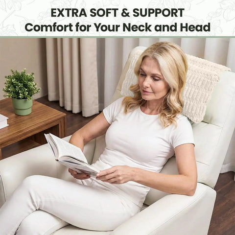 Woman relaxing with Adjustable Neck Pillow For Recliners And Couches, Non-Slip Weighted Flap Headrest With Soft Corduroy Cover